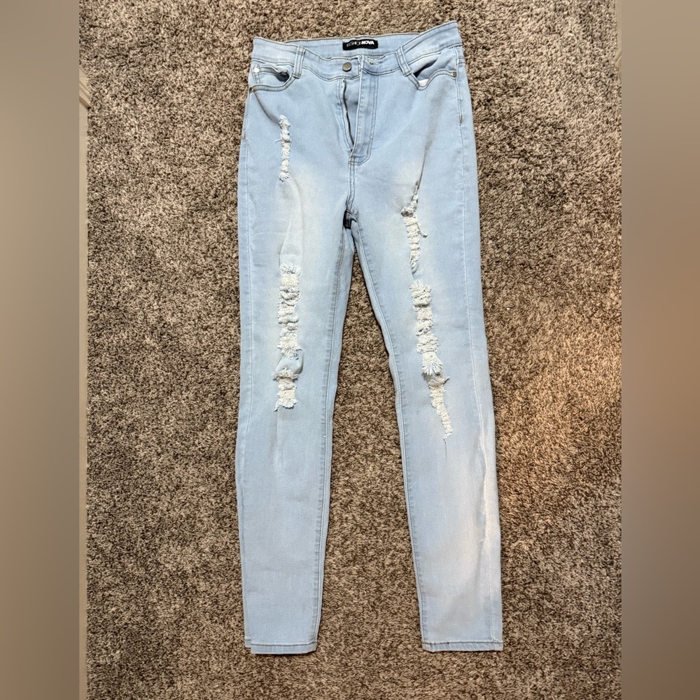 Fashion Nova High Rise  Light Wash Distressed Jeans - Picture 2 of 6